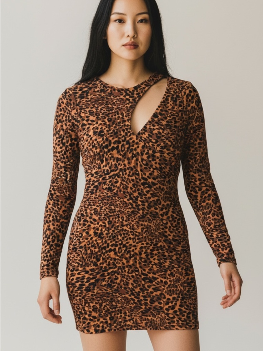 Guess dress leopard pattern cut out neck bodycon jersey brown-orange black Med